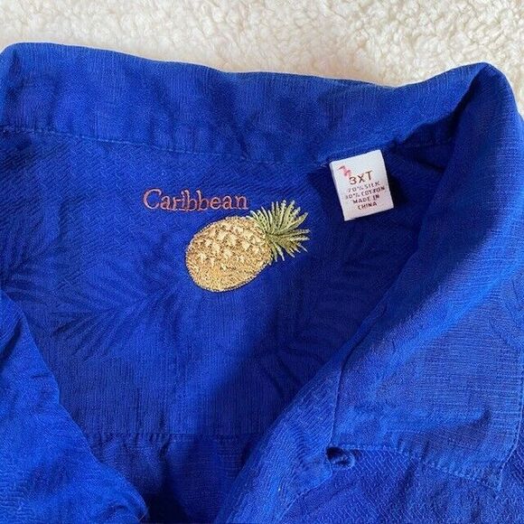 Caribbean Pineapple Silk Shirt Mens Sz 3XT  Blue Hawaiian Camp Button Up Beach - Picture 3 of 11